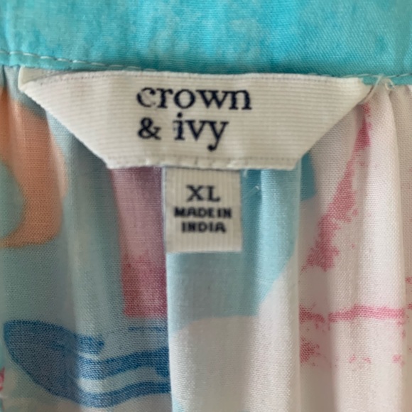 Crown & Ivy Belk Beach Print 3/4 Juliet Sleeves Crochet Inset Rayon Blouse XL - Picture 11 of 11